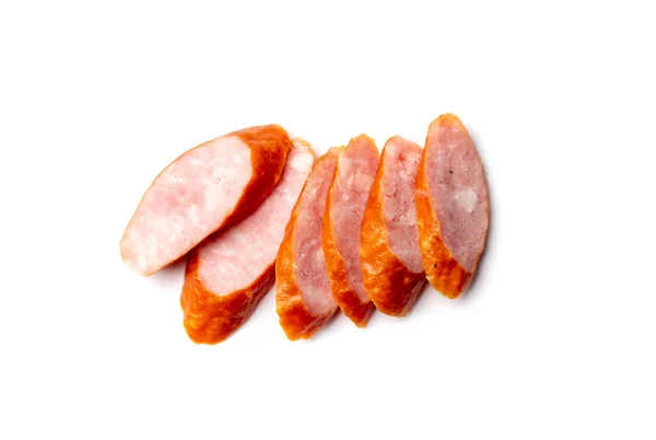 Smoked sausage slices isolated. Hunting salami cuts, chorizo, wurst, poland kielbasa, grilled frankfurt sausage, longaniza on white background top view