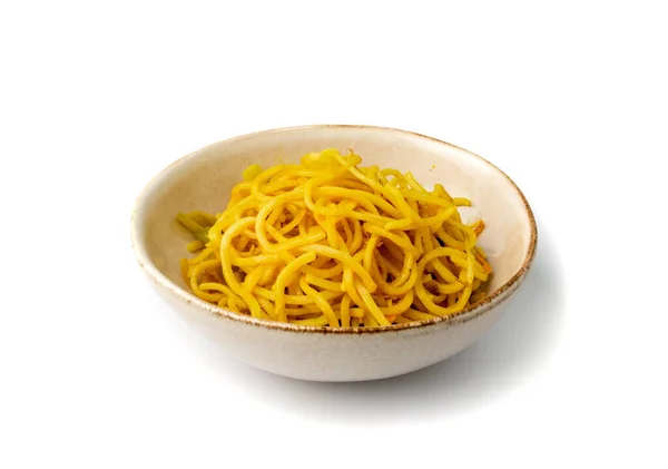 Egg Ramen Noodles Bowl Isolated Asian Yellow Pasta Vegetables White — Stok fotoğraf