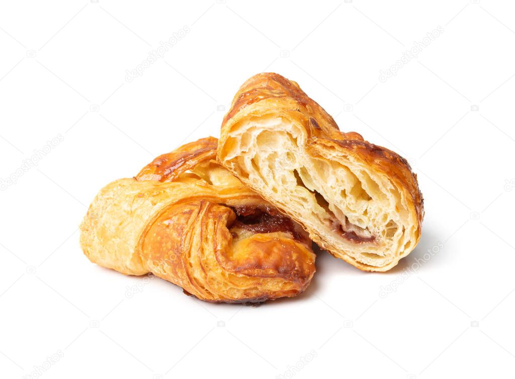 Butter croissant cross section, showing texture. Puff pastry pie isolated, sweet kipferl cut, buttery flaky viennoiseries, layered yeast leavened dough pastry on white background