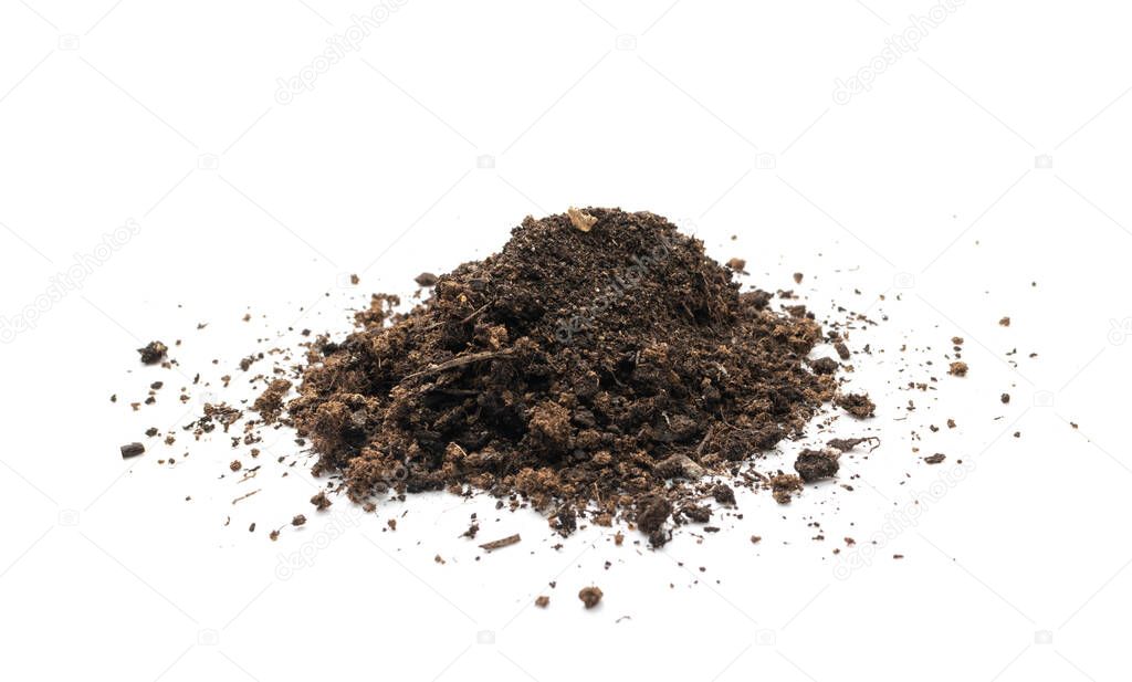 Peat soil isolated. Dried dry dirt, ground pile, manure soil, arid dirt, natural black turf, dirty earth texture on white background side view