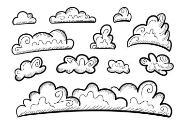 Hand drawn clouds. Sketchy cloud set isolated, sketched sky, pencil outline heaven, doodle clouds vector illustration