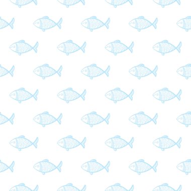 Hand drawn fishes seamless pattern. Sketched fish background, doodle sea tile, drawing fishing symbols, ocean fish vector illustration
