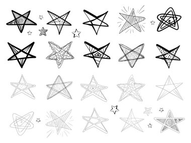 Hand Drawn Stars. Sketched Star Icon Set, Favorite Symbol, Doodle Best Sign, Success Concept Vector Illustration