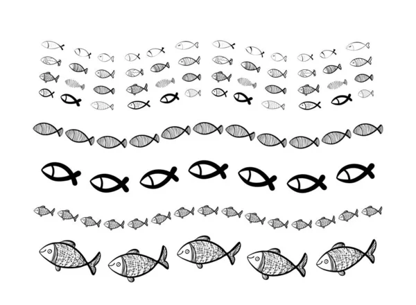 Fish School Hand Drawn Fishes Flock Sketched Fish Group Doodle — ストックベクタ