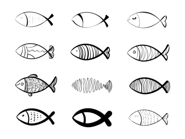 Hand Drawn Fishes Sketched Fish Icon Doodle Sea Animals Drawing — 스톡 벡터