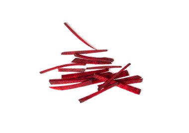 Beetroot slice isolated. Grated red beets, beet root sticks, cuts, pieces, sliced beetroot on white background top view