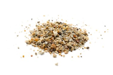 Coarse sand isolated. Water filter fine gravel, grit sand for pool filtration, small rock texture on white background