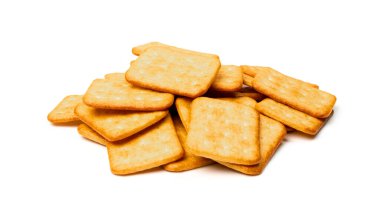 Cracker pile isolated. Square biscuits, dry biscuit cookies, graham snacks on white background