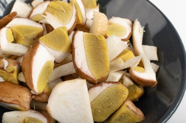 Boletus yakın plan çekiyor. Dilimlenmiş domuz eti, Boletus Badius, detaylı vahşi orman mantarları, doğranmış körfez mantarları beyaz arka planda.