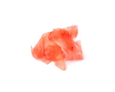 Pickled ginger isolated. Marinated ginger slices pile, pickled gari, sushi ingredients on white background top view