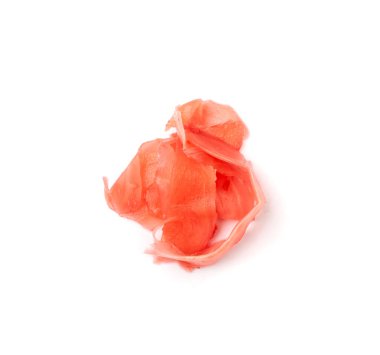 Pickled ginger isolated. Marinated ginger slices pile, pickled gari, sushi ingredients on white background top view