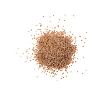 Bitki yumurtası tohumları izole edilmiş. Psilyum kabuğu, isabgol diyet lifleri, ispaghula üst görünümü, dağınık psyllium kabuğu ve beyaz arka planda tohumlar.