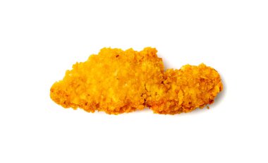 Chicken strips isolated. Breaded nuggets, crispy fry chicken breast, boneless meat, american deep fried crunchy fillet pieces on white background top view