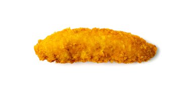 Chicken strips isolated. Breaded nuggets, crispy fry chicken breast, boneless meat, american deep fried crunchy fillet pieces on white background top view