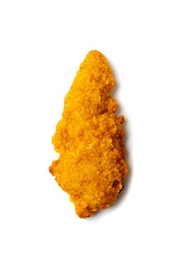 Chicken strips isolated. Breaded nuggets, crispy fry chicken breast, boneless meat, american deep fried crunchy fillet pieces on white background top view