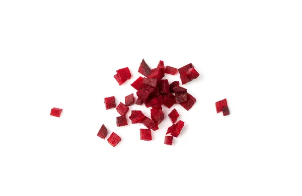 Cuburi Sfeclă Roșie Izolate Gramada Sfeclă Roșie Tăiată Fin Bucăți — Fotografie, imagine de stoc