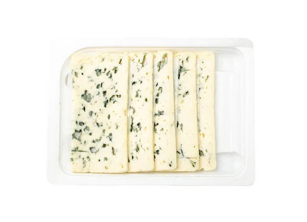Schimmeliger Käse Plastikverpackung Isoliert Mit Schneideweg Gorgonzola Neufchatel Oder Danablue — Stockfoto