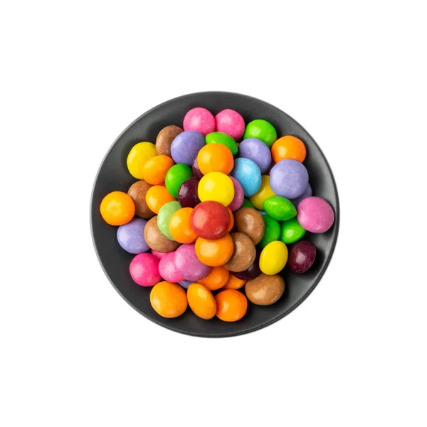 Small Candies Pile Black Plate Isolated Colorful Dragees Multicolored Glazed — Stock Photo, Image