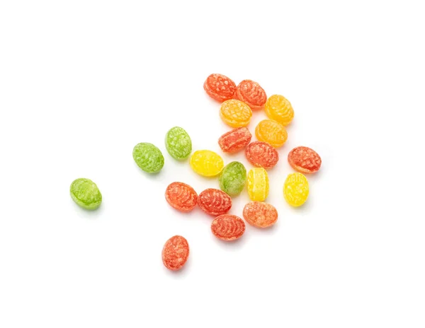 五颜六色的硬糖果孤立 在白色背景色下对分散的棒棒糖堆 水果糖果组 圆形糖果糖果进行分类 — 图库照片