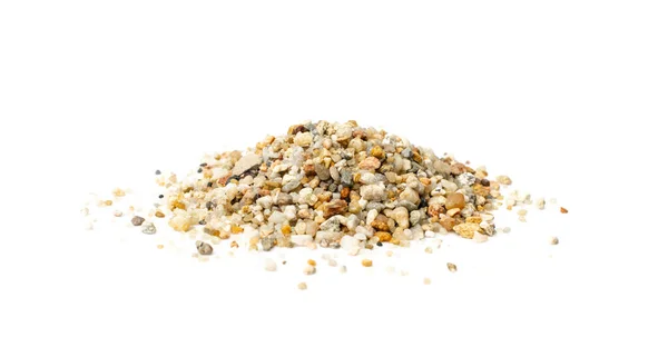 Coarse sand isolated. Water filter fine gravel, grit sand for pool filtration, small rock texture on white background