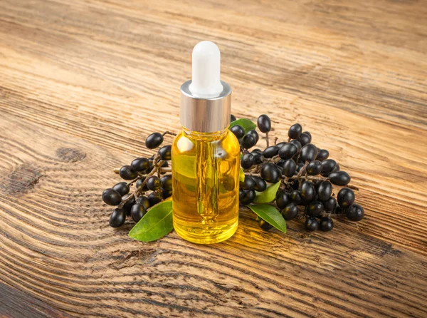 Black elderberry oil on wood table. Sambucus berries essential oil, danewort fruits extract, elderberry extraction, wild organic elder berry infusion on wooden background
