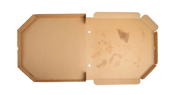 Puste Pudełko Pizzy Otwarta Karton Dostawy Okruszkami Używany Tłusty Pojemnik — Zdjęcie stockowe