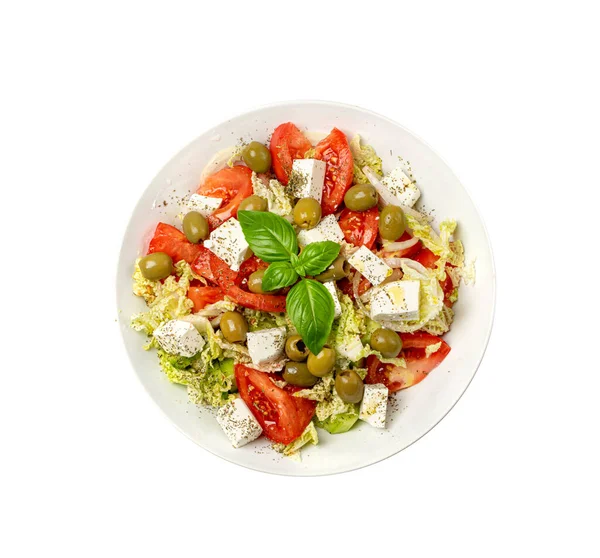 Griechischer Salat Weißer Schüssel Draufsicht Isoliert Frischer Gartensalat Griechischer Olivensalat — Stockfoto