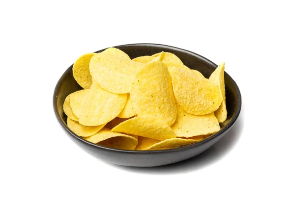 Potato Chips Pile Black Bowl Isolated Crispy Thin Potato Snack — Stock Photo, Image