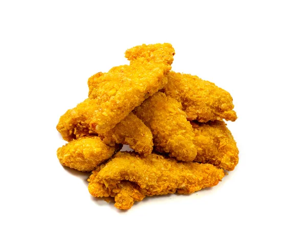 Fitas Frango Empilhadas Isoladas Nuggets Empanados Peito Frango Frito Crocante — Fotografia de Stock