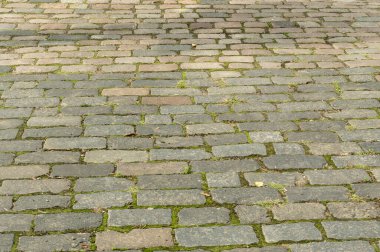 Grey Old Pavement Top View veya Granite Cobblestone Yolu. Antik Tuğla Parke Taşlı Zemin ya da Granit Döşeme Sokağı Büyük Taşlı