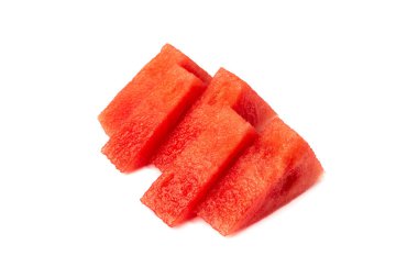 Watermelon wedges isolated. Water melon triangular cuts, Citrullus lanatus slice, red wassermelone wedge set, square fruit piece, seedless watermelon triangles on white background