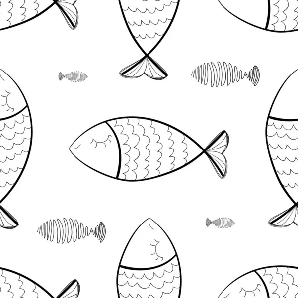 Hand Drawn Fishes Seamless Pattern Sketched Fish Background Doodle Sea — 스톡 벡터