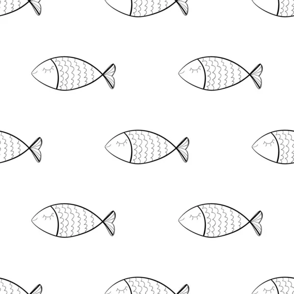 Hand Drawn Fishes Seamless Pattern Sketched Fish Background Doodle Sea — 图库矢量图片