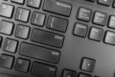 Siyah klavye tuşları yakın plan. Klavye tuşunun makro görüntüsü, pc hotkey, tuş vuruşu fotoğrafı