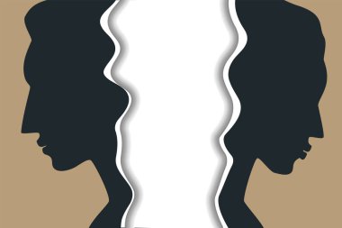 Boşanma kavramı. Boşanmış çift metaforu, ilişki ayrılığı, arkadaşlığın sonu, fotoğraf, yırtık, yırtık, siyah kadın ve erkek profili yırtık kağıt üzerinde, vektör pankartı