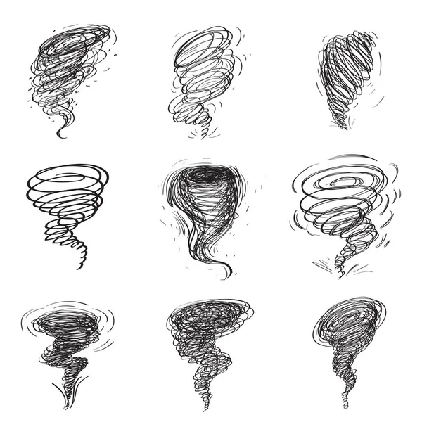 Met Hand Getrokken Tornado Ingesteld Geschetste Doodle Wervelwind Krabbelstorm Werveling — Stockvector