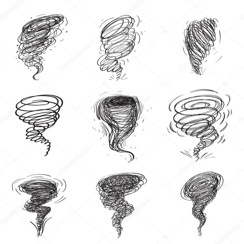 Hand drawn tornado set. Sketched doodle whirlwind, scribble storm swirl, handdrawn tornado collection, sketchy cyclone vector illustration
