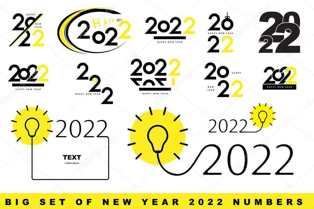 Creative innovation 2022 big collection. New Year idea icon set, numbers 2022 with lightbulb, inspiration vector bundle