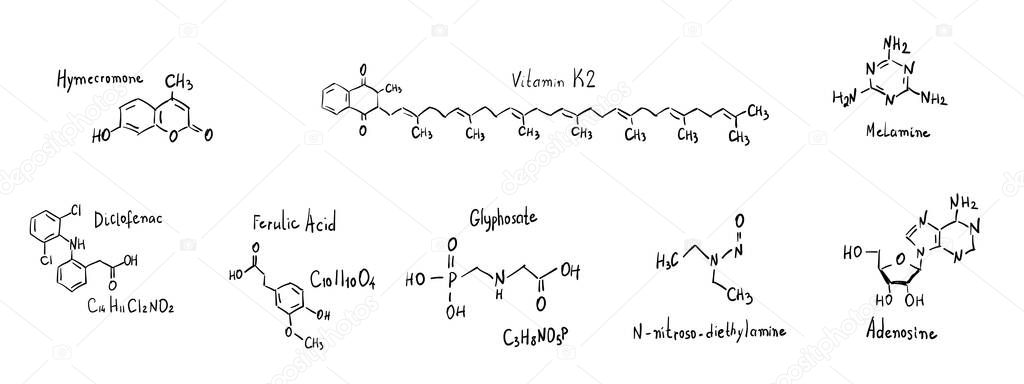 Molecule formulas of hymecromone, melamine, vitamin C, diclofenac, ferulic acid, glyphosate, nitrosamine, adenosine, hand drawn vector illustration