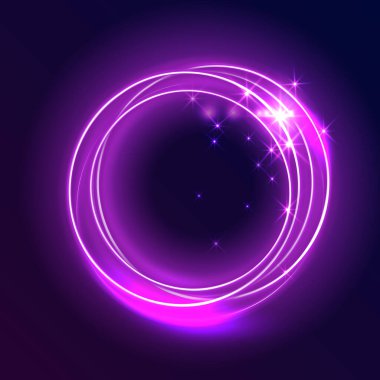 Neon yuvarlak çerçeveler ayarlandı. Aydınlatılmış ışık efektleri, floresan geometrik şekiller, fotokopi alanı olan neon daire arka planlar, parlayan halkalar, elektrik işaret fişeği vektör çizimi