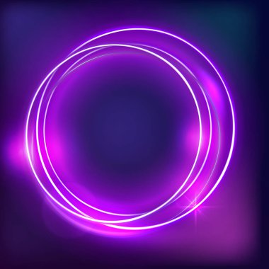Neon yuvarlak çerçeveler ayarlandı. Aydınlatılmış ışık efektleri, floresan geometrik şekiller, fotokopi alanı olan neon daire arka planlar, parlayan halkalar, elektrik işaret fişeği vektör çizimi