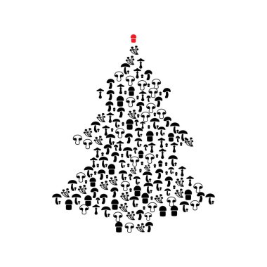 Mantar ikonlarından yapılmış Noel ağacı şekli. Fngus İşaretleri ve Xmas Spruce Silueti, Yeni Yıl Mantar Vejetaryen Restoranı Konsepti