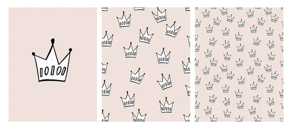 Irregular Crown Seamless Pattern Pale Pink Beige Doodle Print Hand — Stock Vector