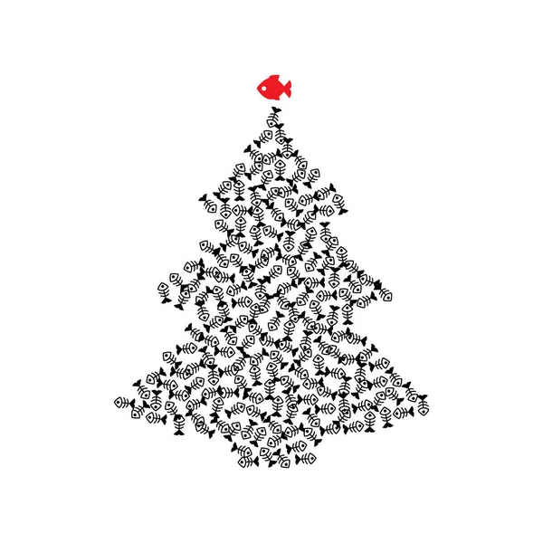 Forma Árvore Natal Feita Ícones Esqueleto Peixe Sinais Peixe Xmas — Vetor de Stock