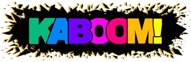 Siyah patlama arkaplanı üzerine KABOM gökkuşağı metni. Kahrolsun komik kelime, KABOM! harf, bang print, renkli pop sanat vektörü çizimi