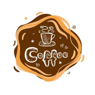 Kahve harfleri, ikon, çıkartma. El çizimi kahve fincanı karalaması, çizilmiş çay fincanı, el çizimi sıcak içecek kupası logosu, lable.