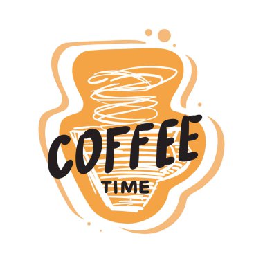 Kahve harfleri, ikon, çıkartma. El çizimi kahve fincanı karalaması, çizilmiş çay fincanı, el çizimi sıcak içecek kupası logosu, lable.