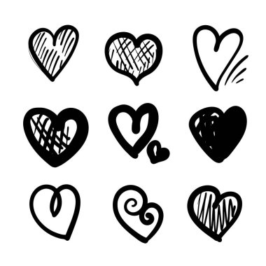 El yapımı kalp. Aşk şekli karalama sembolü, karalama kalp vektör simgesi, düğün silueti, klasik el yazması çizim seti
