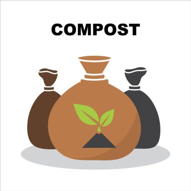 Kompost poşeti ikonu. Torba sembolünü gübrele, gübrelenebilir tabela ile bitki silueti, pislik torbaları piktogramlar, bahçe toprağı konsepti