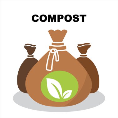 Kompost poşeti ikonu. Torba sembolünü gübrele, gübrelenebilir tabela ile bitki silueti, pislik torbaları piktogramlar, bahçe toprağı konsepti